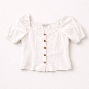 Women's White Boho Puff Sleeve Flax Blend Button-Up Top Size Small
